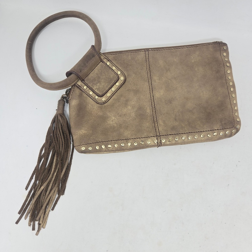 Hobo Intl Sable Metallic Bronze Leather Bangle Wristlet Studded Tassel Clutch